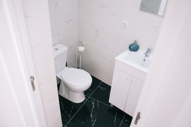Compact remodeled bathroom with a slim vanity, toilet and dark marble-look floor tile