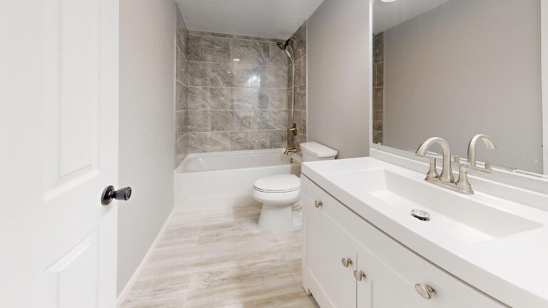 Standard-size full bathroom with a tub and shower along one wall and a vanity opposite